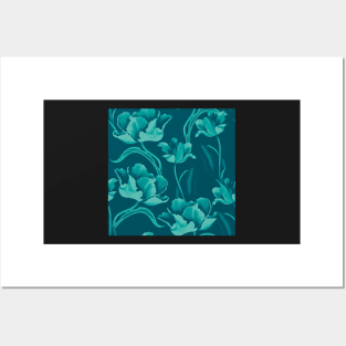 Fantastic turquoise tulips in a flowing pattern on a petrolblue background Posters and Art